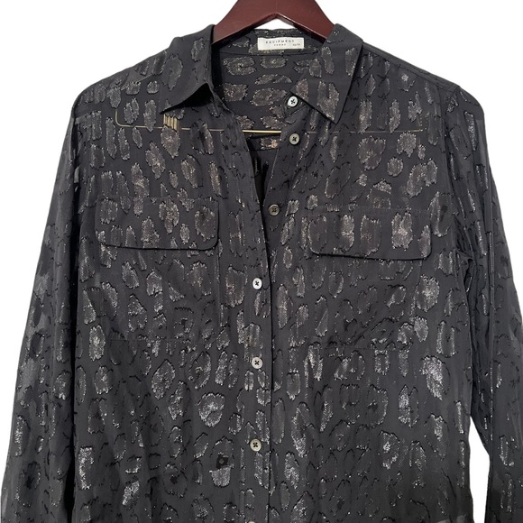 EQUIPMENT Black Daddy Cheetah Metallic Silk Button Down Shirt Top Blouse - Picture 3 of 7
